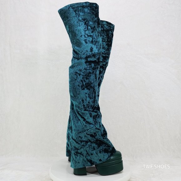 Good Will Unique Thigh High Emerald Velvet Fold over Chunky Heel Platform Boots - Picture 9 of 15